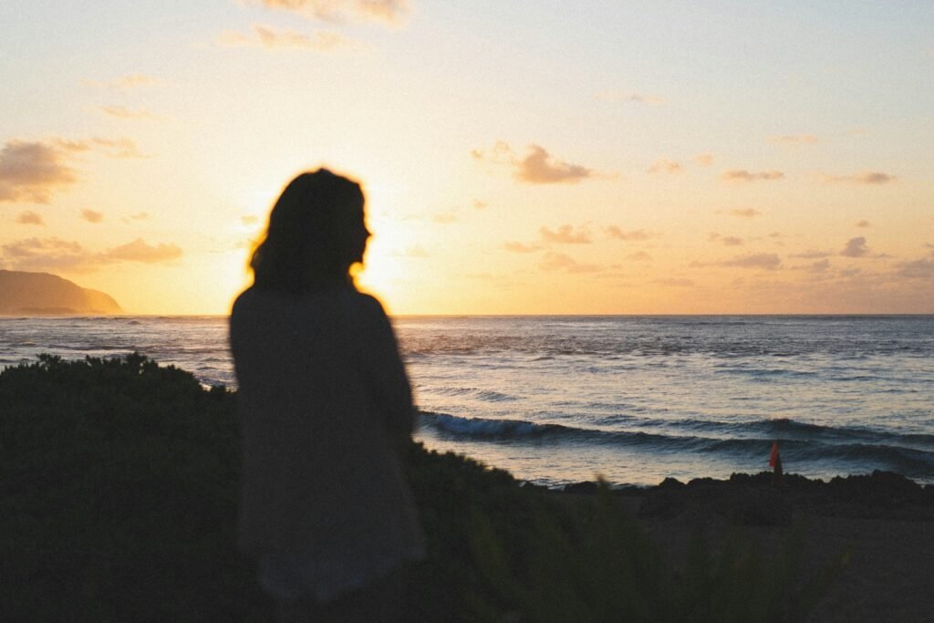 A person standing on a beach watching the sun set